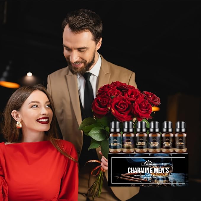 Fragrance Oil, Charming Men's Set Diffuser Oil for Home, Soap & Candle Making Scents, Aromatherapy Essential Oils -Sea Breeze, Fireside Vanilla, Cedar and More(6 * 10ML)