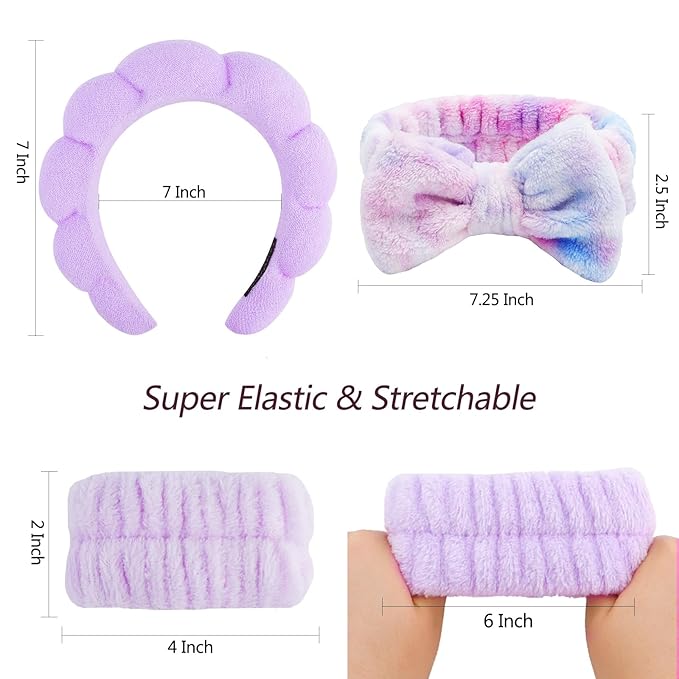 VELSCRUN 6 Pack Spa Headband, Makeup Headband, Face Wash Headbands, Skincare Headbands, Multicolour Purple Sponge Hair Band Bow Tie Spa Head Band for Washing Face Wristband Set Women Hair Accessories