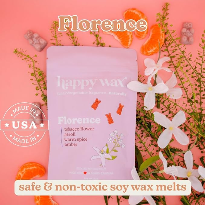 Happy Wax Florence Scented Bear Wax Melts - Natural Strong Summer Scented Wax Melts Infused w/Essential Oils - Non Toxic Wax Melt. Scented Soy Wax Melts for Warmers (8 oz Pouch)