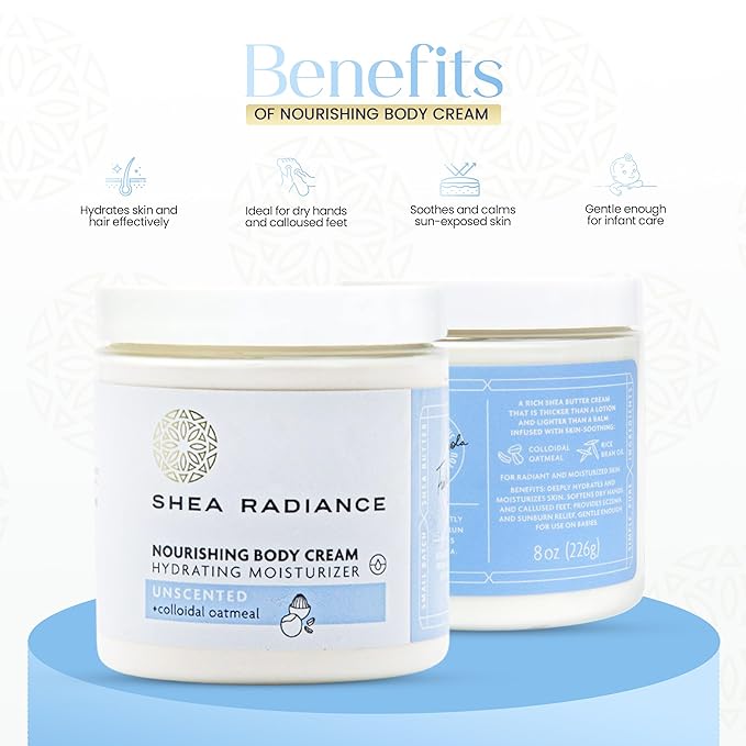 Shea Radiance Nourishing Body Cream with Colloidal Oatmeal | Hydrating Moisturizer for Sensitive Skin | Gentle Hydration with Long Lasting Moisture | Unscented 8 oz