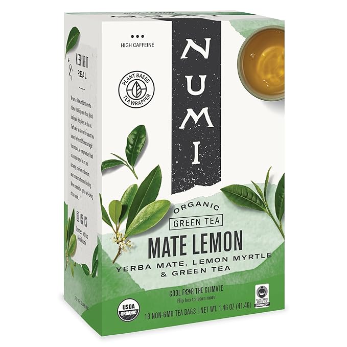 Numi Organic Tea Mate Lemon, 18 Count (Pack of 1) Box of Tea Bags, Yerba Mate Green Tea Blend (Packaging May Vary)
