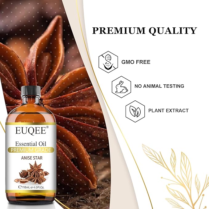 EUQEE Anise Star Essential Oil 4oz / 118ML Large Capacity Anise Star Oil Pure & Premium Fragrance Essential Oil with Glass Dropper for Candle Soap Making, Diffusers