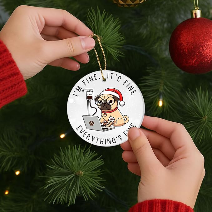 34HD Gifts for Christmas, Funny Pug Dog Christmas Ornament Ceramic 2-Side Printed, Coworkers Gifts for Men Women, Christmas Hanging Decorations