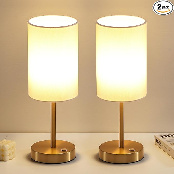 KDG Simple Cordless Table lamp, Portable Bedside 5000mAh LED Desk Lamp, 3 Brightness Levels Emergency Light, Linen Lampshade for Living Room, Bedroom, Dining Room, Night Light (Gold)
