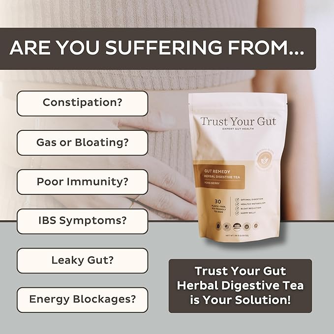 Trust Your Gut Organic Herbal Tea Blend with Lemon Balm, Holy Basil, Dandelion, Ginger Root – Liver Detox, Digestion & Gut Health Support, Gas Bloating Relief – Poha Berry, 30 Bags