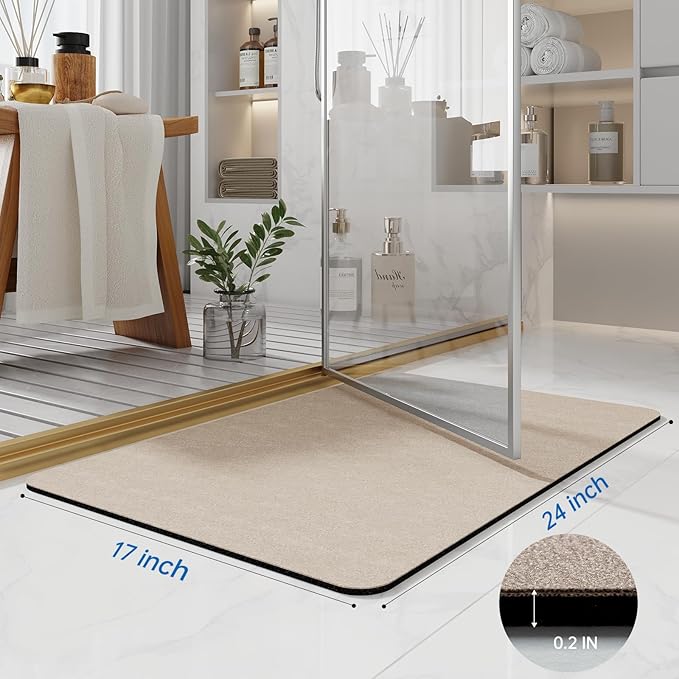 Bath Mat Rugs 24x17 - Diatomaceous Earth Bath Mat Quick Dry Absorbing Bathroom Rugs Rubber Non Slip Thin Bathroom Mat Fit Under Door, Bath Mats for Bathroom Floor, Tub and Shower, Sink, Taupe