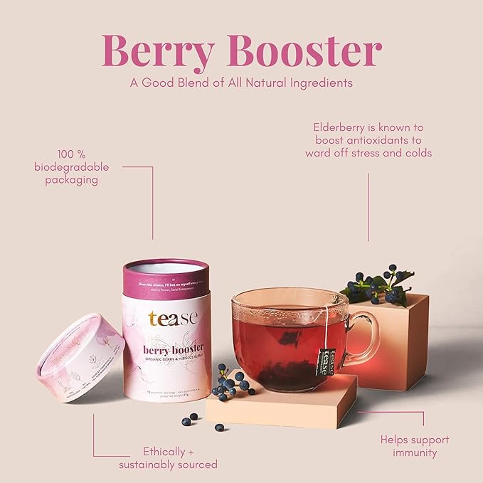 Tease Tea Organic Hibiscus Drink - Berry Booster Elderberry Tea, Caffeine Free, Organic Herbal Drink Made with Hibiscus Petals, Currant, and Natural Flavors Blended for Warding Off Stress and Colds