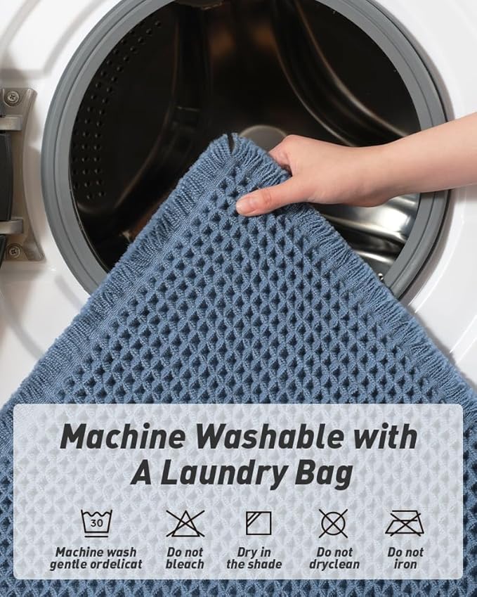 AMOAMI Upgraded Waffle Bath Mat, Super Absorbent Non Slip Bath Mats for Bathroom Floor, Machine Washable Bathroom Rugs with Tassels, Rubber Backed Bathroom Mats, Ultra Soft, 18" x 30", Blue