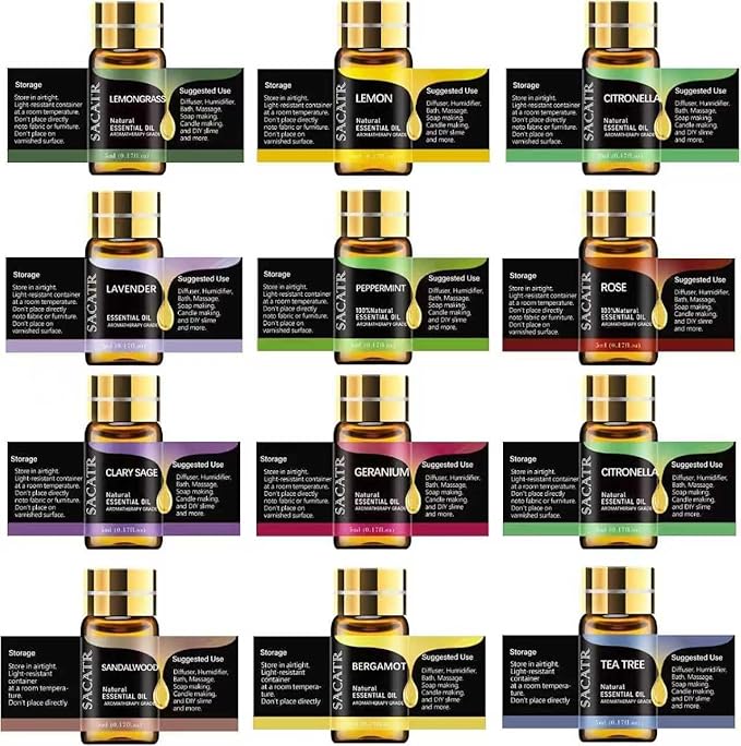 Essential Oils by SACATR Natural Essential Oil Set -12 Essential Oils Gift Set for Diffuser, Massage, Fragrance Oil Scent for DIY Candle and Soap Making (12 * 5ML)