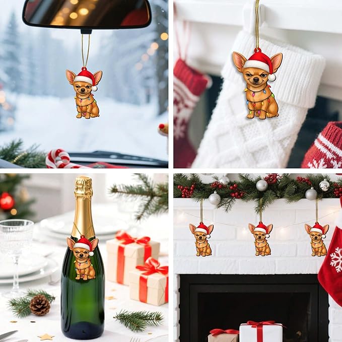 2 Side Printed Flat Christmas Wooden Ornaments, Animal Keepsake Hanging Tree Decoration, Santa Chihuahua Ornament