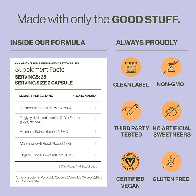 Hilma Heartburn & Indigestion Relief, Natural Antacid for Occasional Acid Reflux & Heartburn, Ginger, Chamomile, Marshmallow Root and More, Doctor-Formulated and Clinically-Studied, 50 Vegan Capsules