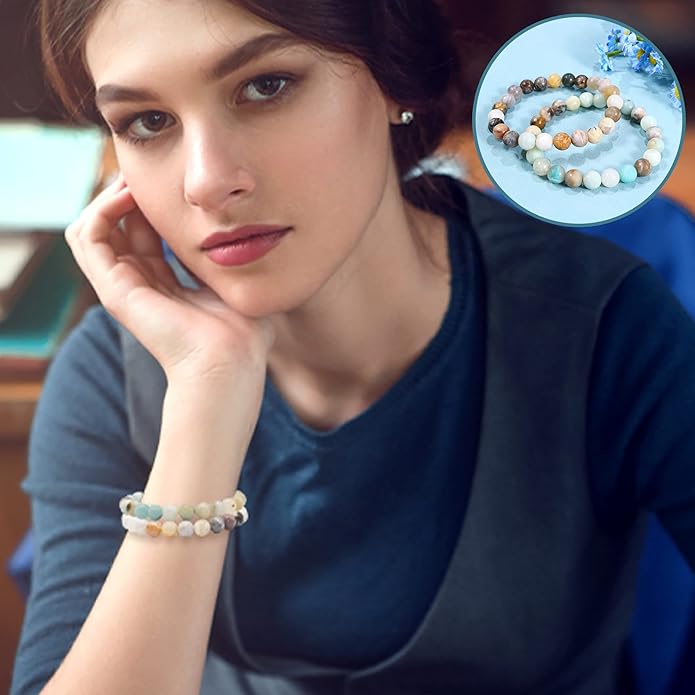 Bivei Natural Gemstone Semi Precious Healing Crystals Handmade Stretchy Round Beads Bracelet, Enhance Positive Energy