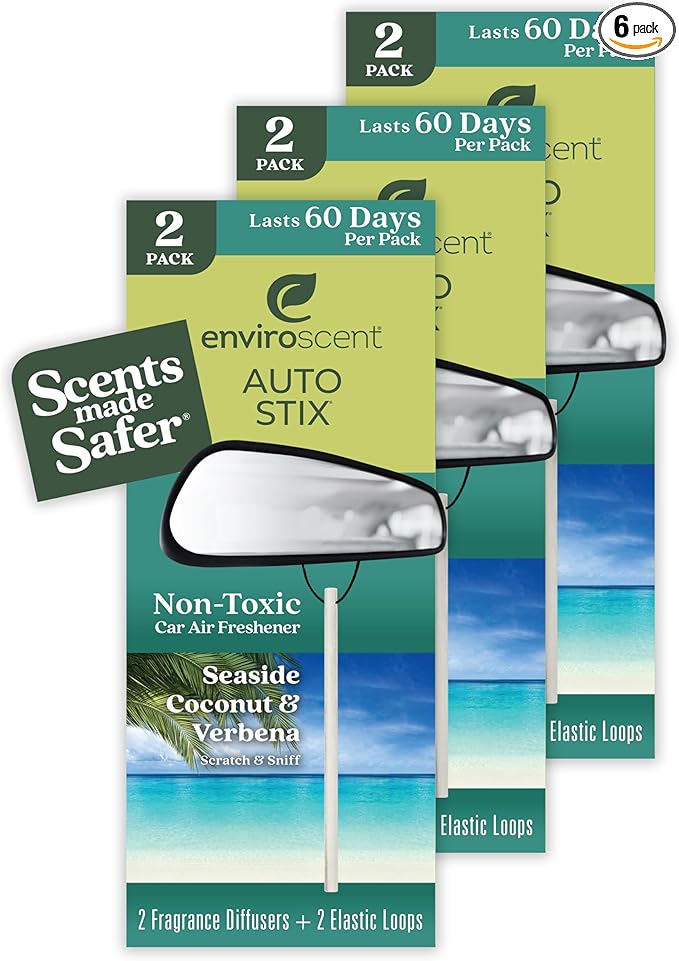 Enviroscent Non-Toxic Car Air Freshener (Seaside Coconut & Verbena) Natural Car Air Freshener | Essential Oil Diffuser | Car Scent Lasting Over 180 Days | 3 Packs of 2 Hanging Auto Stix