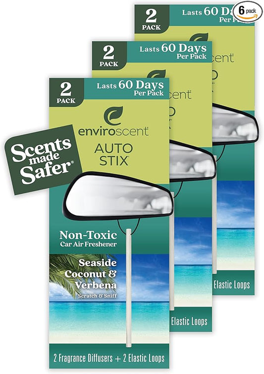 Enviroscent Non-Toxic Car Air Freshener (Seaside Coconut & Verbena) Natural Car Air Freshener | Essential Oil Diffuser | Car Scent Lasting Over 180 Days | 3 Packs of 2 Hanging Auto Stix