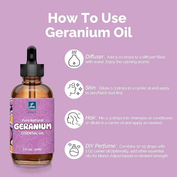 Geranium Essential Oil 2 Oz, 100% Pure Geranium Oil for Diffuser, Skin, Hair, Face, Soap & Candle Making, Aromatherapy & Massage