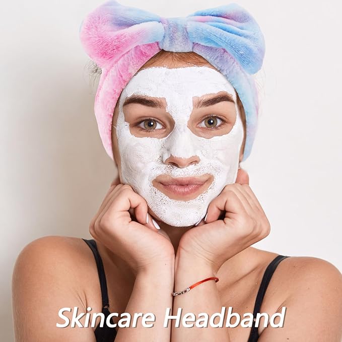 VELSCRUN Spa Headbands for Wash Face, Makeup Headband, Facial Skincare Headbands, 5 Pcs Purple Colourful Puffy Sponge Spa Headband Bow Tie Hair Band Hair Clips Wristband Set Women Girls Accessories