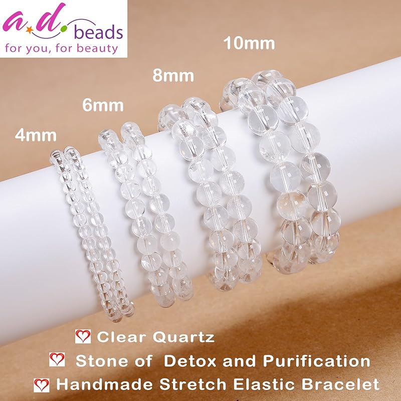 AD Beads Handmade Gemstone Stretch Elastic Bracelet Crystal Healing Reiki Nature's Beauty and Spiritual Essence Unisex (6mm, Clear Quartz (Detox and Purification))