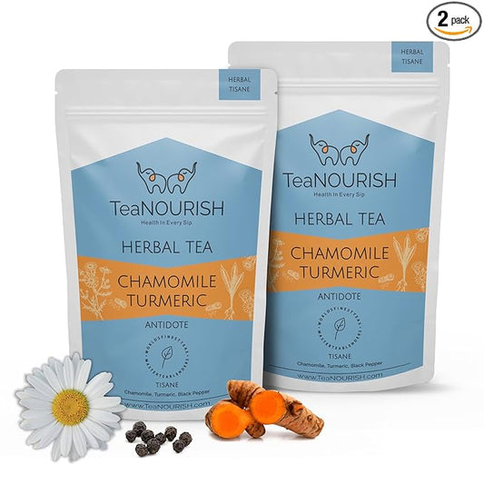 TeaNOURISH Chamomile Turmeric Herbal Tea | Calming and Relaxing | Chamomile, Turmeric, Black Pepper | Stress Buster | CAFFEINE-FREE | 100% NATURAL - 1.76oz/50g