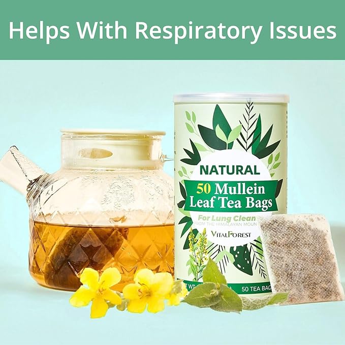 50 Mullein Tea Bags for Lungs, VitalForest 100% Pure Mullein Leave Tea, Lung Detox Cleanse Mullen Tea for Smokers Breathe Deep and Respiratory Support, Caffeine Free Mullin