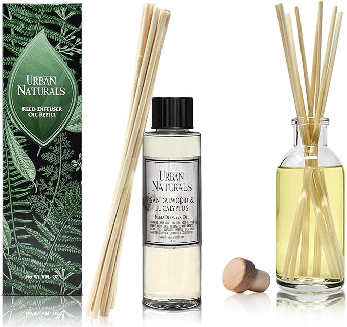 Urban Naturals Reed Diffuser Oil Refill, Sandalwood & Eucalyptus Diffuser Oils with Musk, Herbal Woods, 4 oz + Free Reed Sticks, Made in The USA