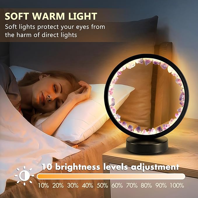 Amethyst Bedside Lamp,Healing Crystal Night Light,3-Colors Ambient Lighting USB Dimming Table Light,Natural Energy Decor for Bedroom Home Dating Gift