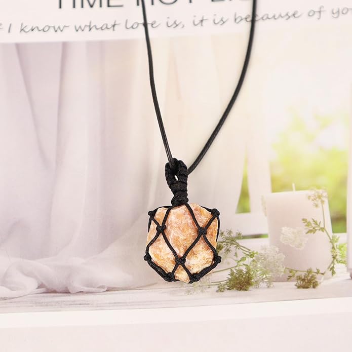 Handmade Natural Gemstone Crystal Pendant Necklace Stone Holder Necklace Cord Net Necklace with Adjustable Length for Women Men