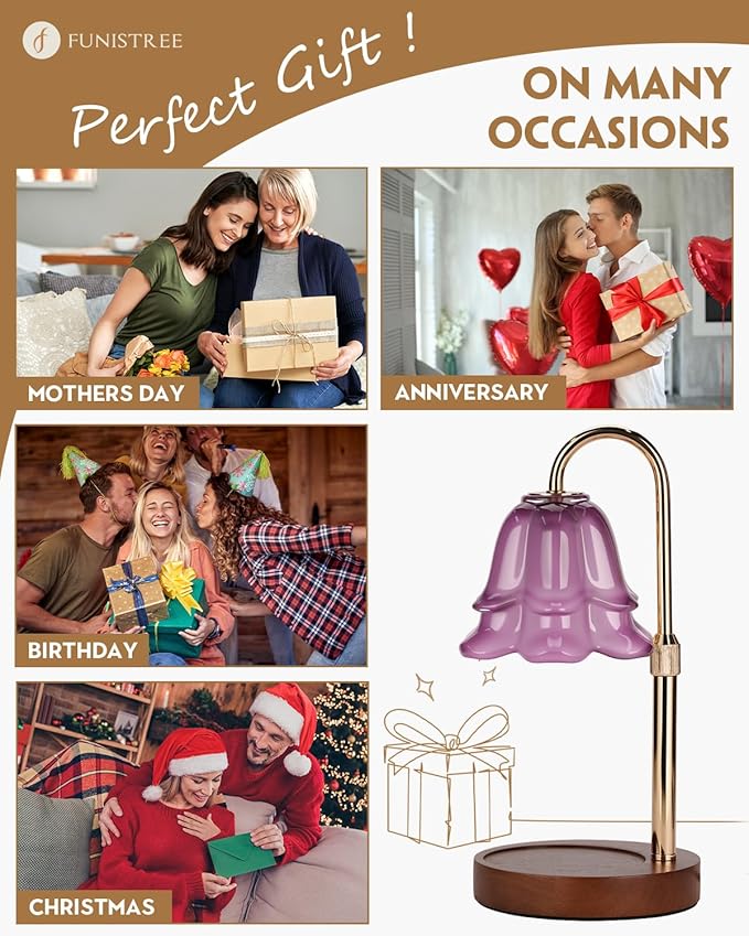 Candle Warmer Lamp with Timer Dimmable, Height Adjustable Birthday Gifts for Women Mom House Warming, Home Decor, Lotus Flower Candle Lamp Warmer 2 Bulbs Inc (Purple-1)