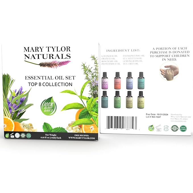 Essential Oils Set, Top 8 x 10 ml Each, Lavender Peppermint Orange Lemongrass Rosemary Eucalyptus Tea Tree Frankincense Therapeutic Grade, for Aromatherapy, Diffuser, DIY by Mary Tylor Naturals