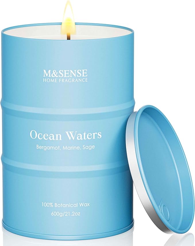 M&SENSE Ocean Waters Scented Candles Large Beach Candle, Summer Soy Candles 21.2oz 120 Hour Slow Burning,Aromatherapy Candle for Stress Relief Meditation Relaxing