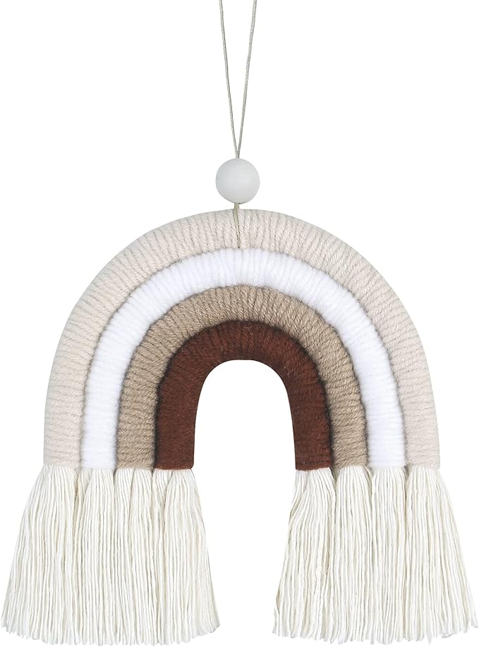 BOHO GARDEN Macrame Bohemian Rainbow Charm - Essential Oil Diffuser for Cars, Baby Nursery, Children’s Bedroom & Home Decor- Colorful Decorative Hanging Air Freshener & Accessories - 3.5x4 - Latte