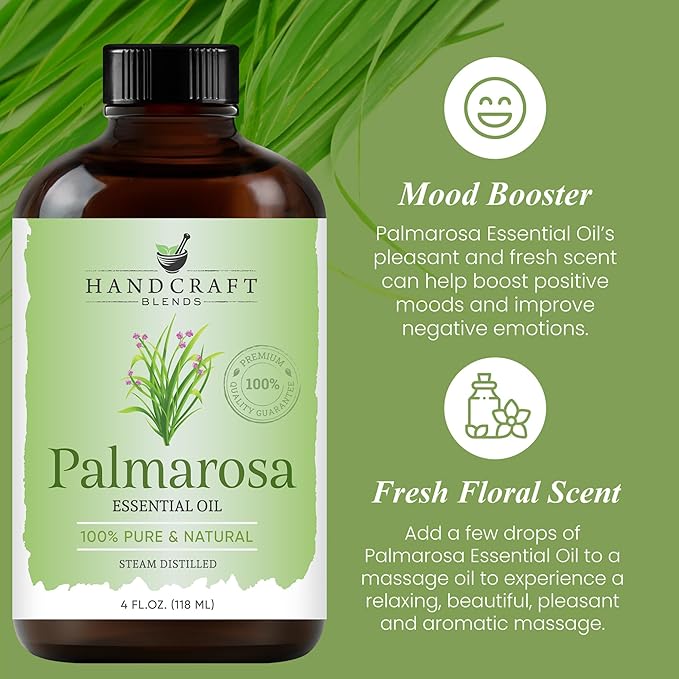 Handcraft Blends Palmarosa Essential Oil – Huge 4 Fl Oz – 100% Pure and Natural – Premium Grade Essential Oil for Diffuser and Aromatherapy, Skin, Massage, Candle and Soap Making Fragrance