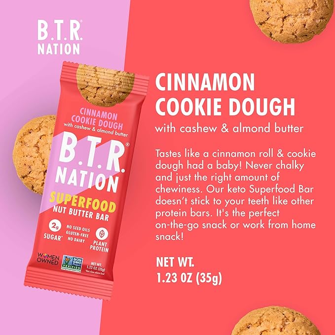 B.T.R. Nation Superfood Keto Protein Bars, Plant Based Vegan Protein - Cinnamon Cookie Dough ENERGY | 12 Pack| Low Carb, Low Calorie, Gluten Free, No Sugar Alcohols, Boosted with Superfoods