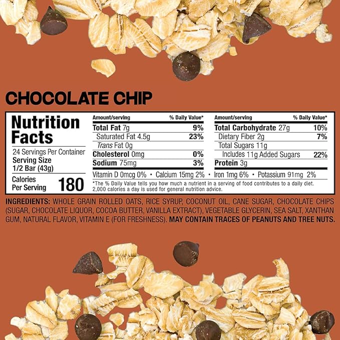 Bobo's Oatmeal Bars, Chocolate Chip, Gluten Free Vegan Whole Grain Oat Bars, Pack of 12