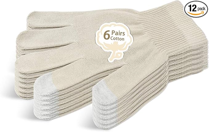 Evridwear Unisex Moisturizing Cotton Gloves with Touchscreen Fingertips for Eczema Beauty Cosmetic Dry Hands Sensitive Irritated Skin Therapy Overnight Bedtime, 6 Pairs, Lightweight-Beige, S/M