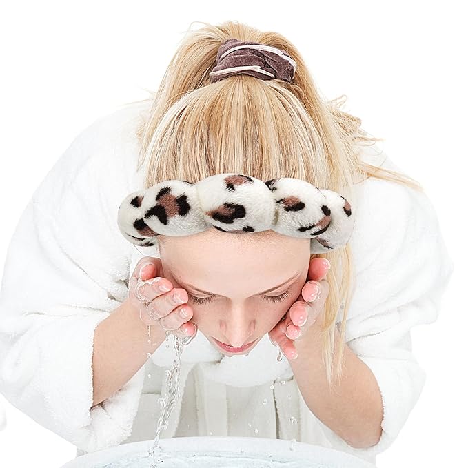 Zkptops Spa Headband for Washing Face Wristband Set Sponge Makeup Skincare Headband Wrist Plush Bubble Get Ready Hairbands for Women Puffy Headwear Non Slip Thick Thin Hair Accessory(Beige Leopard)