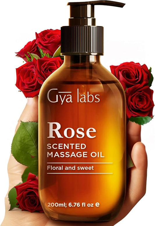 Gya Labs Rose Massage Oils for Date Nights - 6.76 Fl Oz - Rejuvenating Aromatherapy Body Massage Oil for Men & Women - Crafted with Jojoba, Argan, Sunflower, Sweet Almond & Rose Otto