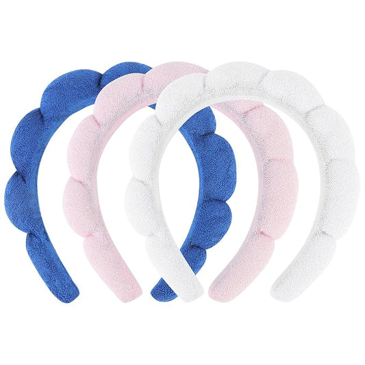 3 Pack Spa Headbands for Washing Face, Skincare & Makeup, Terry Cloth Headbands with Puffy Cloud Design, One Size Fits Most, Comfortable & Durable