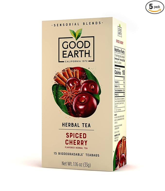 Good Earth Spiced Cherry Flavored Herbal Tea, Sensorial Blend, Natural, 15 Bags (Pack of 5)