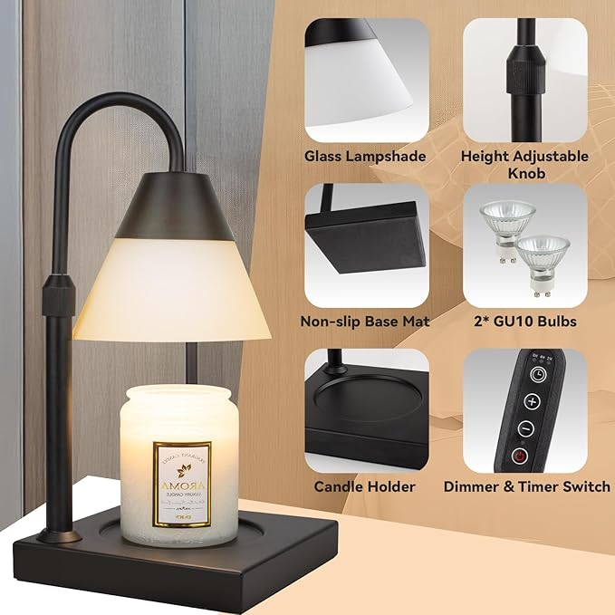 Candle Warmer Lamp, Dimmable Metal Candle Lamp Warmer Height Adjustable, Compatible with Candle and 3 Wick Large Jars Scented Wax for Home Decor (Glass-Black)