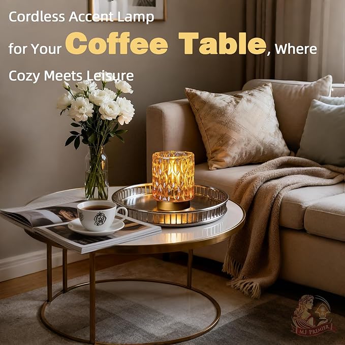 Battery Operated Table Lamps Timer, Mini Crystal Lamp for Area No Plug, Cordless Lamp with LED Bulb for Power Outage, Decorative Lamps for Tabletop/Corner/Entryway/Stairway/Bathroom/Fireplace (Amber)