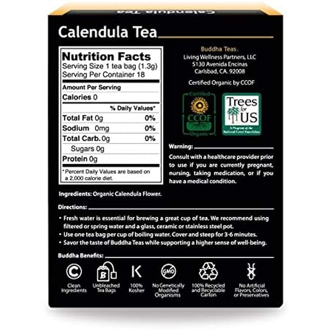 Buddha Teas Organic Calendula Flower Tea - OU Kosher, USDA Organic, CCOF, 18 Bleach-Free Tea Bags