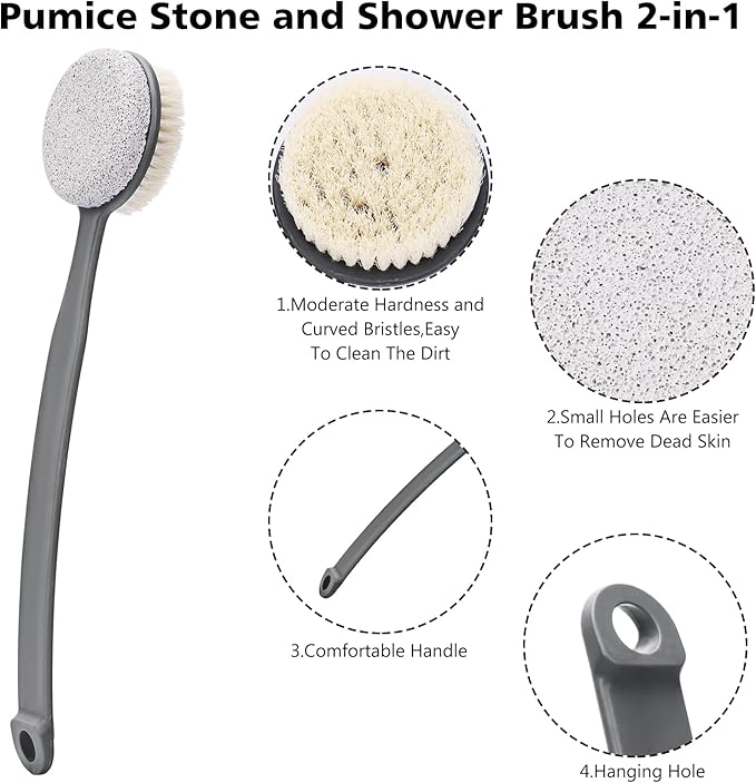 Foot File Callus Remover,Beomeen Pumice Stone for Feet with Long Handle, Hard Skin Callus Remover, 2 in 1 Foot Scrubber, Back Body Brush for Shower Brush Deep Cleansing and Exfoliating (Curved),Grey