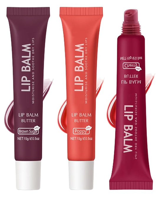 Butter Tinted Lip Balm-3 Colors Vanilla Beige Brown Poppy Pink Sugar Lip Gloss,Yummy Lip Stain Long Lasting, Hydrating Non-Stick Glow Reviver Lip Care Oil,Thanksgiving Makeup Gift for Women-Set B