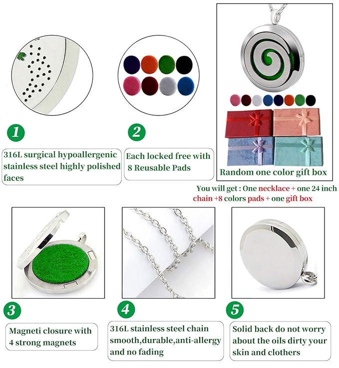 Essential Oil Diffuser Necklace, Hypoallergenic Stainless Steel Aromatherapy Swirl Locket Pendant Jewelry Sets Christmas Birthday Mother's Day Gift for Women Men