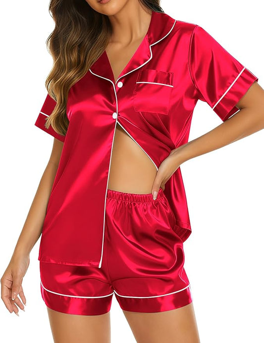 Ekouaer Silk Pajamas for Women Short Sleeve Sleepwear Soft Button Down Loungewear 2 Piece Satin Pjs Shorts Set S-XXL
