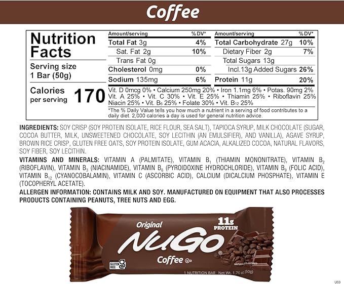 NuGo Protein Bar, Coffee, 11g Protein, Gluten Free, 15 Count