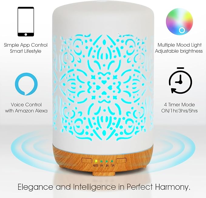 Earnest Living Smart WiFi Essential Oil Diffuser White Ceramic Diffuser 250 ml with Alexa App Phone Control LED and Auto Off Office Humidifier Aromatherapy Diffusers for Essential Oils