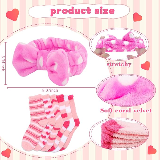 ANBALA 12Pcs Spa Sleepover Party Supplies - 6 Pink Spa Headbands & 6 Fuzzy Socks for Slumber Party Gifts