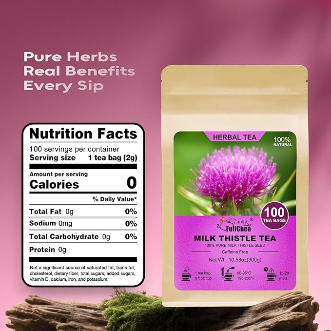FullChea - Milk Thistle Tea Bags, 100 Count - Natural Liver Support & Detox - Premium Milk Thistle Seed - Caffeine-free Herbal Tea