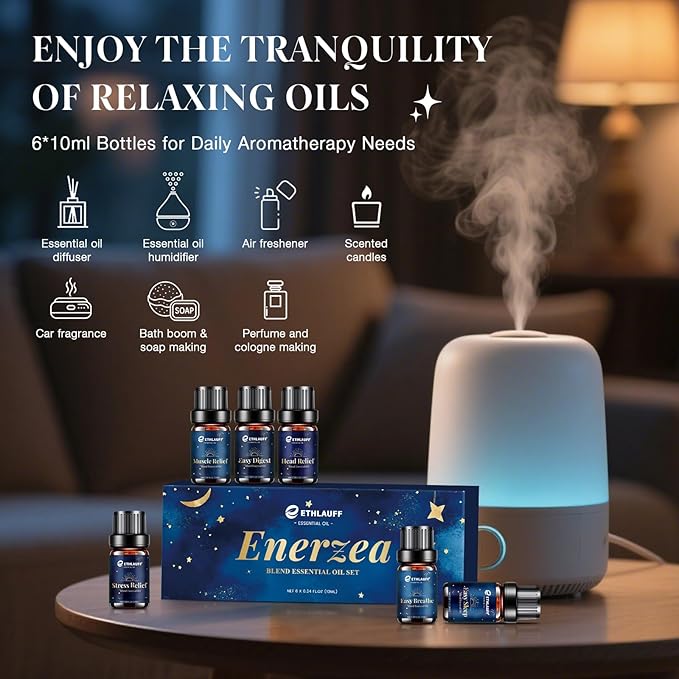 Essential Oil Blends, Essential Oils for Diffusers for Home, Relax Fragrance Oils Kit- Stress Relief, Sweet Dreams, Head Relief, Relax, Immunity for Aromatherapy, Humidifiers, Massage, 6x10ml